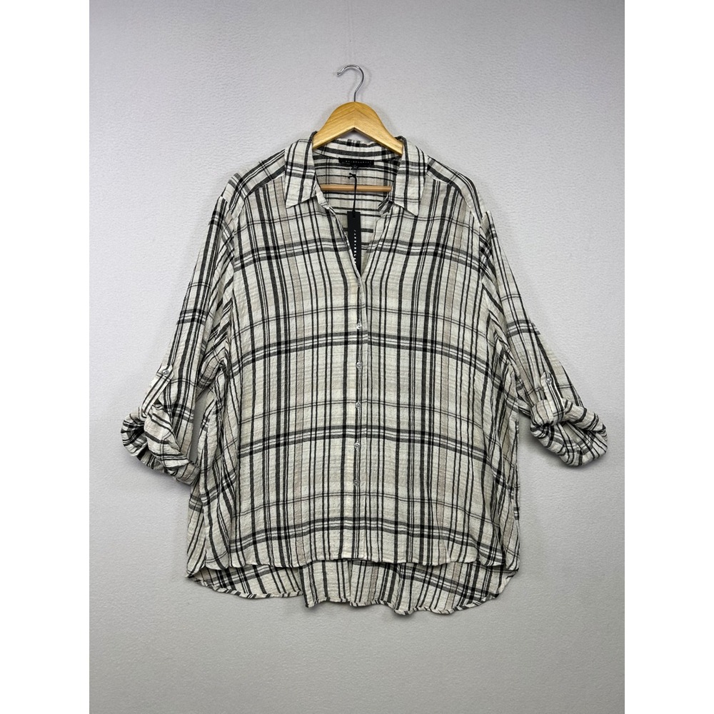 Boho Coastal Jane + Delancey Womens 3X Black White Plaid Roll Tab Button Up Top